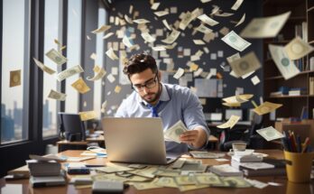 Default man working in office and money is flying 1