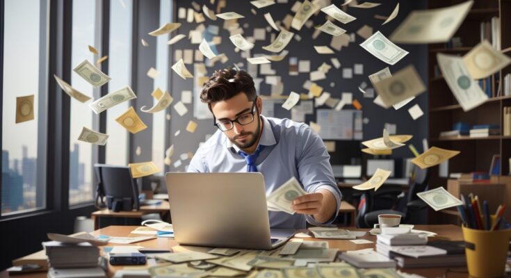 Default man working in office and money is flying 1